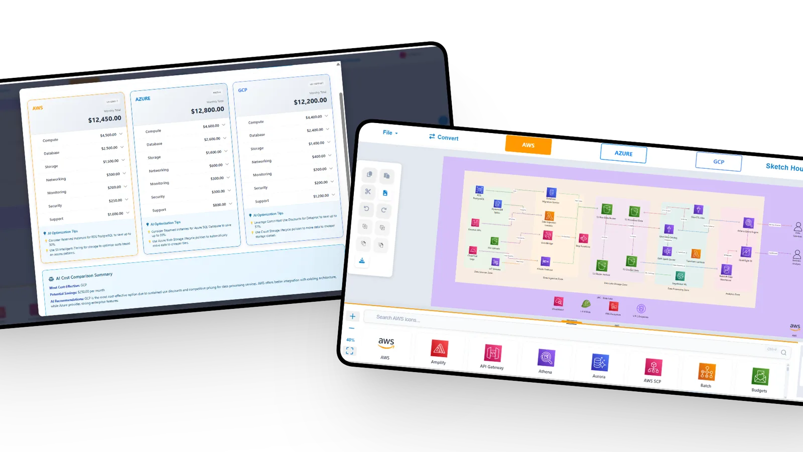 CloudSketcher showing a multi-cloud cost comparison and an AWS architecture diagram