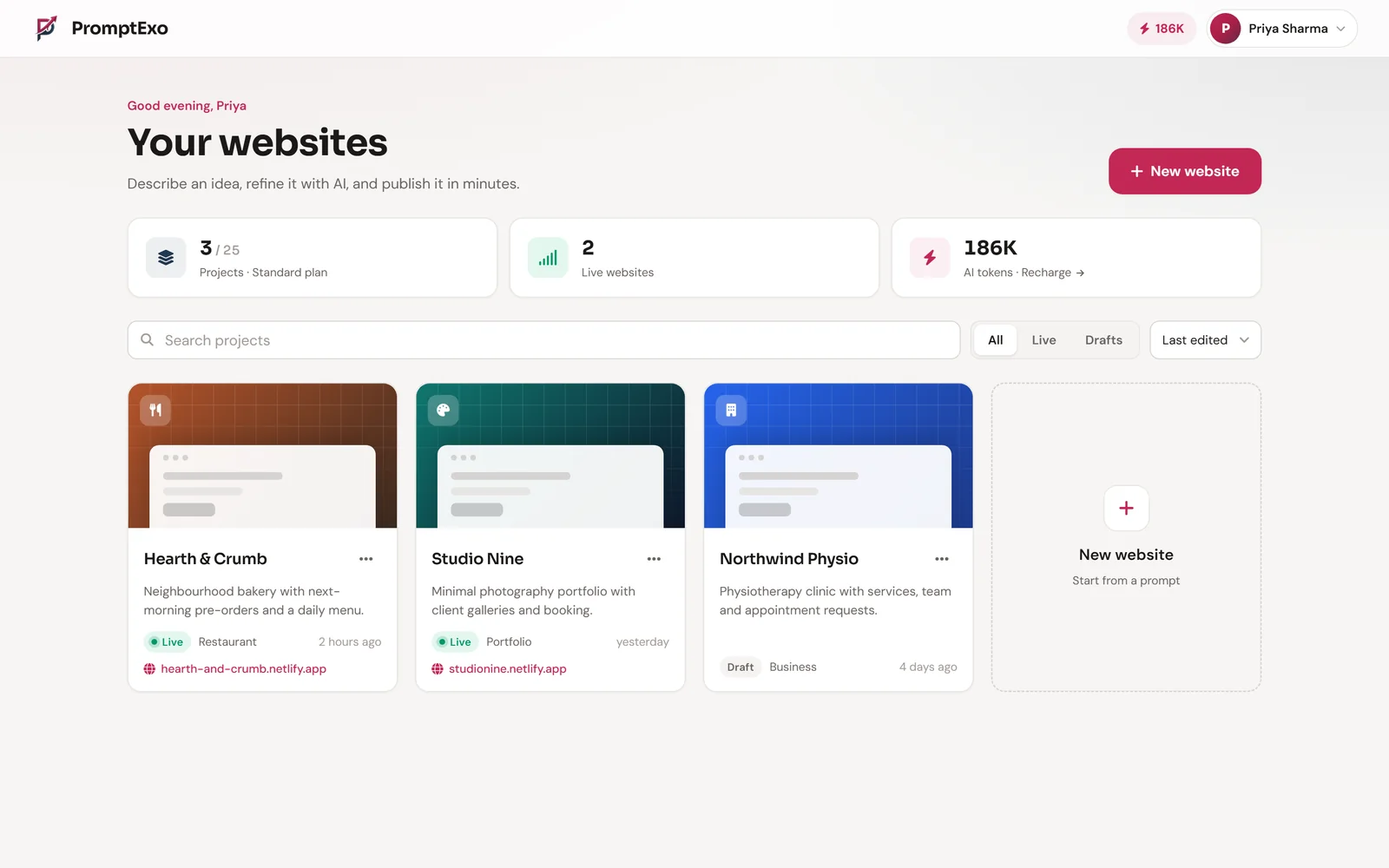 The PromptExo dashboard listing three websites with their live status