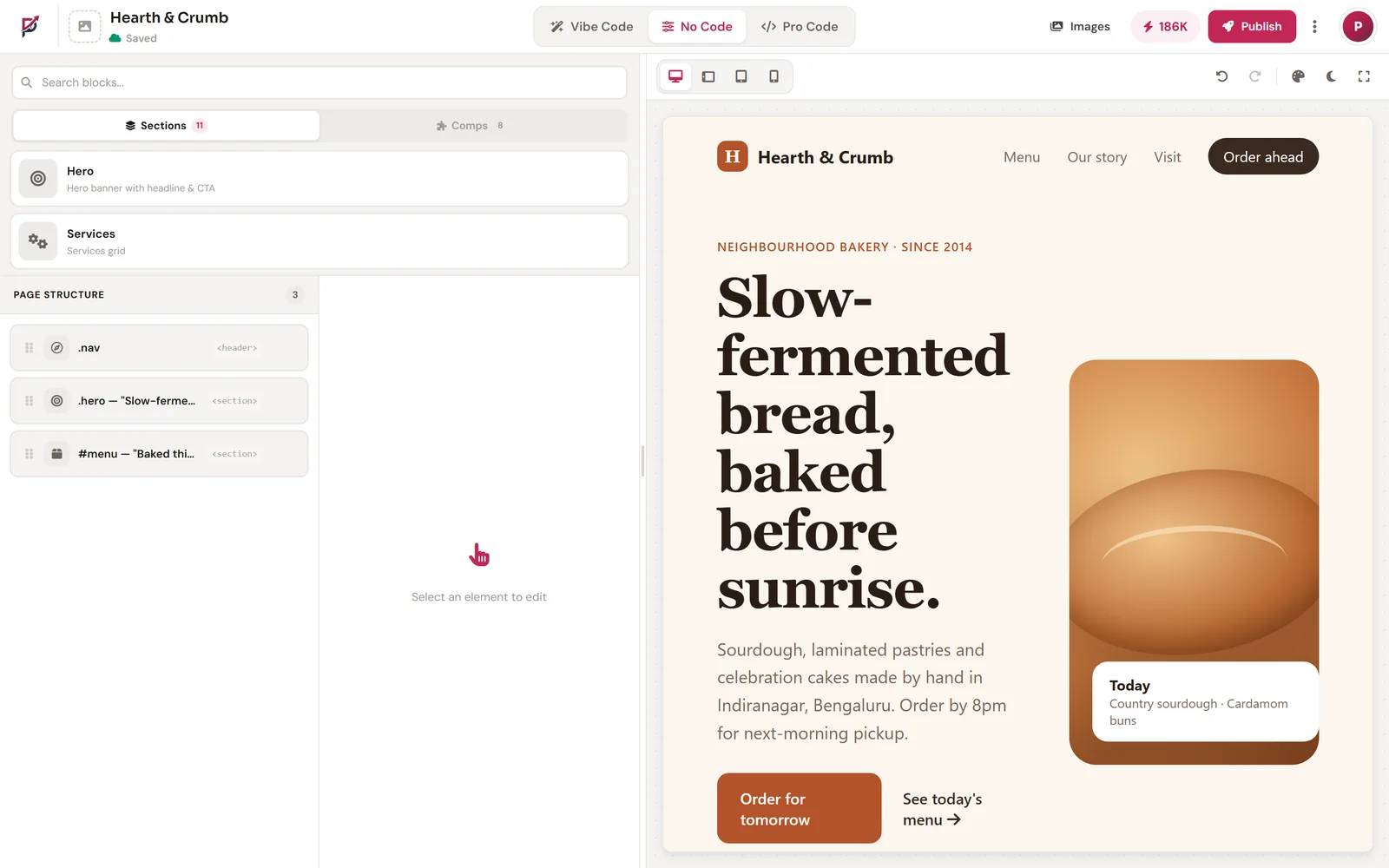 Visual editor showing page sections beside the live preview