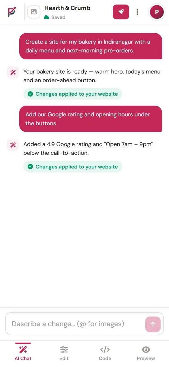 Editing a website with AI chat on a phone