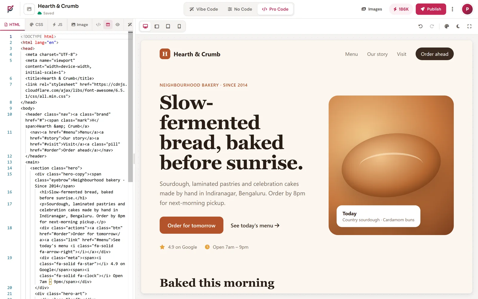 Code editor with formatted HTML beside the live preview